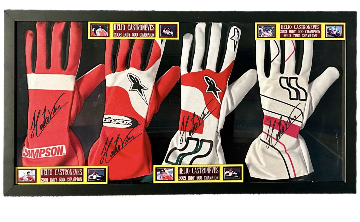 Helio Castroneves Indy 500 4 Time Winner Signed Gloves Set Framed