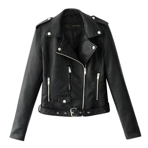 Chic Streetwear Motorcycle Jacket - Women's Slim Fit PU Leather Biker Jacket - Versatile Black & Yellow Hipster Coat