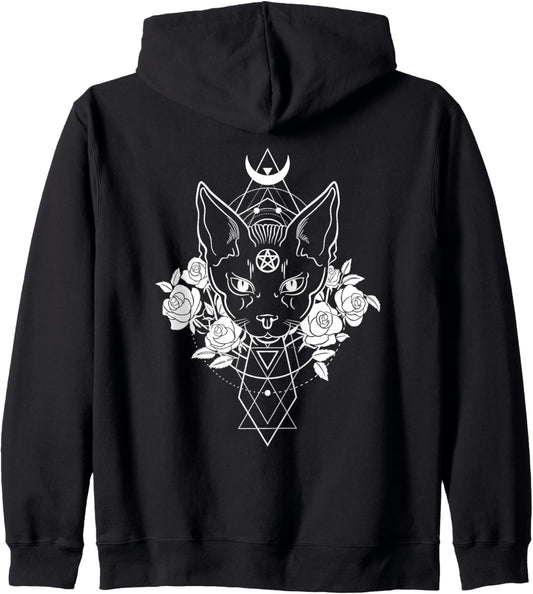 Occult Sacred Geometry Wiccan Pagan Pentagram Cat Satanic Zip Hoodie
