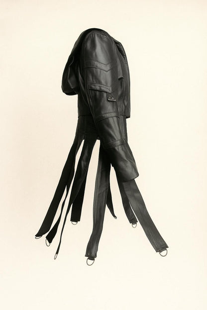 Gothic Black Leather Hooded Jacket with Buckle Straps & D-Rings – Cyberpunk Streetwear by Ox and Bulls