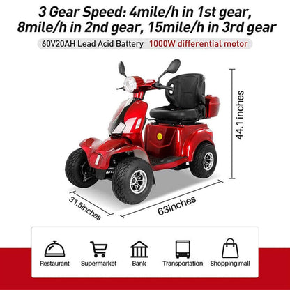 Zvg 4-Wheel 60V/20AH Electric Golf Senior Travel Mobility Scooter For Adults, 440LBS (SAK91582)
